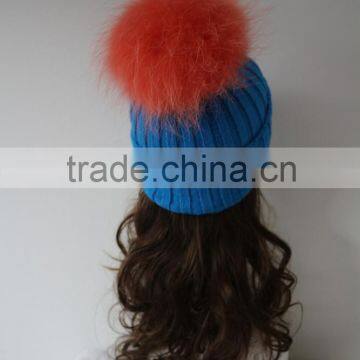 Germany Style Raccoon Fur Ball Knitted Beanie Cap Winter Warm Real Fur Pompom Wool Hat