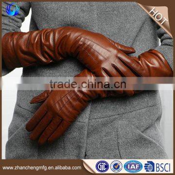 2016 fashion ladies silk lined long sheepskin leather hand touch gloves