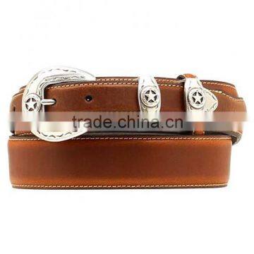 Men western cowhide leather belt silver-tone buckle star belt