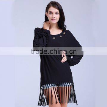 New Spring 2017 Rayon Spandex Knit Fringed Blouse With Dolman Sleeves Hand Sewn Beads