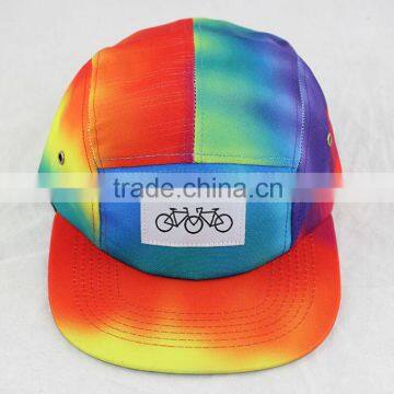 Custom High quality flat brim camp cap sewing woven label logo 5 panel camper cap with digital printing