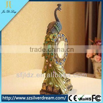 Environmental protection peacock clock resins decoration handicraft antique wooden desk clock