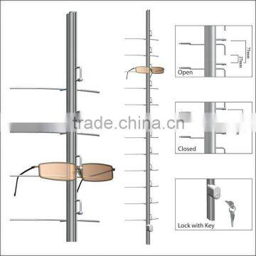 wall mounted eyewear display rods;locking eyeglasses display poles;sunglasses display bars