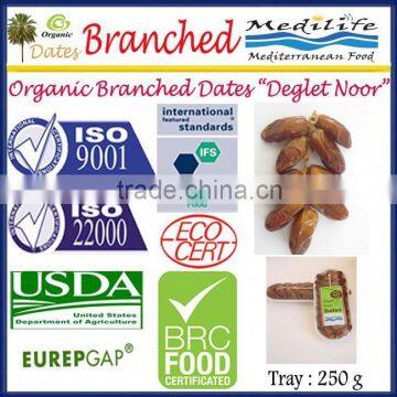 Organic Branched Dates Deglet Noor, Organic Dates On Branch 250g Tray, Deglet Noor Dates.