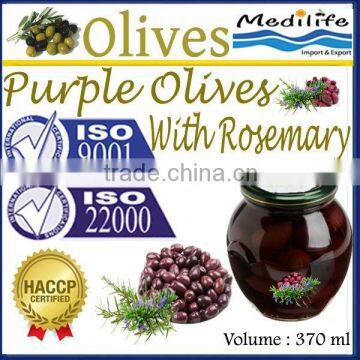 Purple Olives with Rosemary, High Quality 100% Tunisian Purple Table Olives with Rosemary, Purple Table Olives. 370 ml Glass Jar