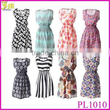 New Women Casual Sleeveless Dress Chiffon Floral Print Elastic Waist Bohemian Beach Dresses