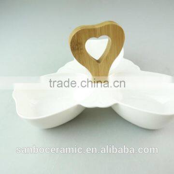 White ceramic porcelain snack serving plate with wooden handle 3 section