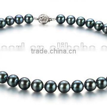 simple AA 8-9mm black round Japanese Akoya pearl necklace