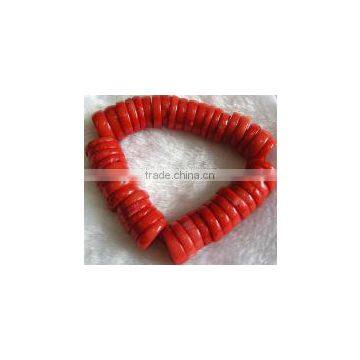 Wholesale 7" 13mm Red Flat Round Natural Coral Stone Bead Bracelet