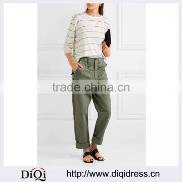 Wholesale Women Apparel Army-green Front-button and concealed zip Cotton-canvas Pants(DQE0400P)