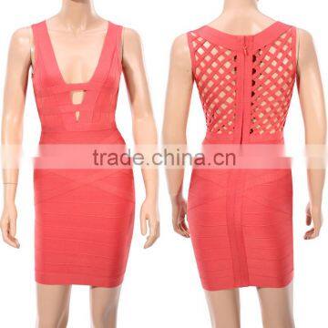 Coral Deep V Neck Hollow Out Sexy Ladies 2015 New Arrival HL Bandage Sexy Fashion Bodycon Dresses photo-5