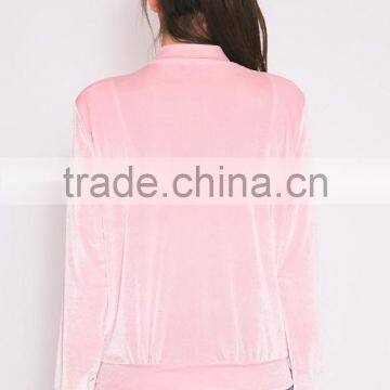 Custom Design Women Baseball Zip Up Bomber Baby Pink Plain Velvet Bomber Jacket Outwear photo-2