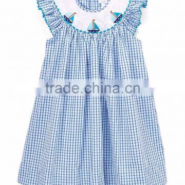 Children Boutique Cotton frocks designs baby blue boat Smocked Dress Summer kids clothing