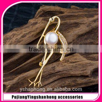 Fashion Gold Zircon White Pearl Crane Brooch Pin