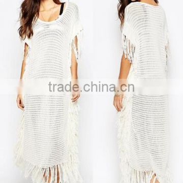 EY0014A White Tassel Trim Knitted Beach Caftan Cover-Ups 2016 New Bohemia Style