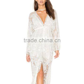 Button up Long Sleeve Fancy Lace Dress Bridal Casual Maxi Robe photo-4