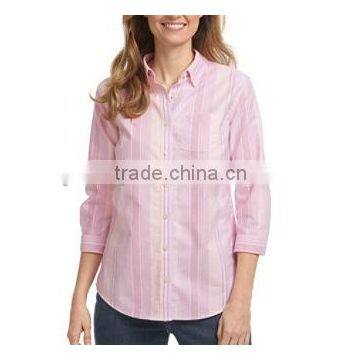 2015 Easy Care Washed Oxford Shirt three-Quarter-Sleeve Multi-Stripe elegant blouses for ladies