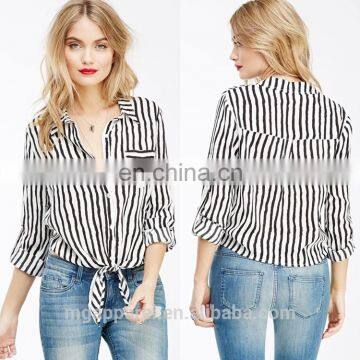 china wholesale fashion new style tie front custom long sleeve black and white striped shirt