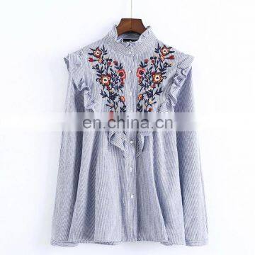 China supplier long sleeve stand collar striped embroidery shirts women tops and blouses