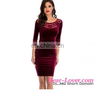 Sexy Woman Burgundy Hollow Out Round Neck Sleeved Velvet Prom Dress