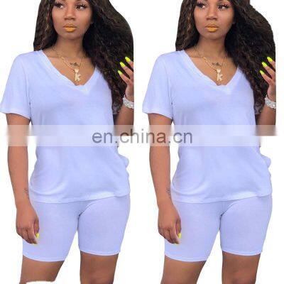 Clothing manufacturers custom logo women's plus size summer V-neck casual sports t-shirt + shorts jogging suit