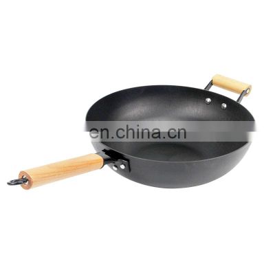 2021 Round Cookware Frying Wooden Handle Iron Mini Full Seasoned Non Stick Wok Pan