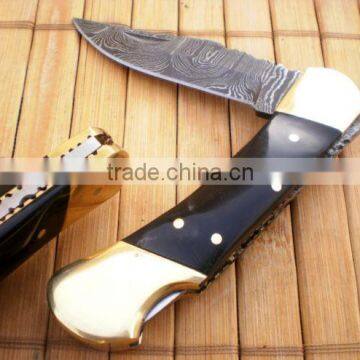 udk f6" custom handmade Damascus folding knife / pocket knife with buffalo horn and brass booster