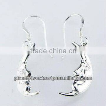 Petite 925 Silver Dangle Earrings Moon Profile