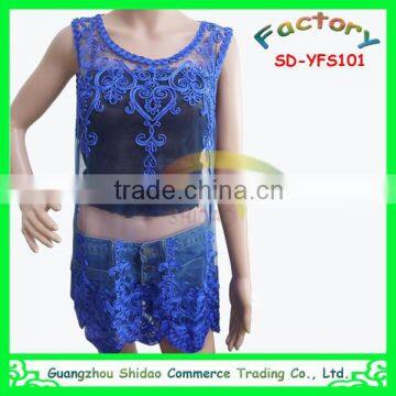 Top quality fashion blue organza mesh water soluble cord voile rope embroidery laces blouse