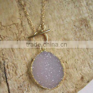 Druzy Quartz Pendent Gold Chain Toggle Closure Necklace