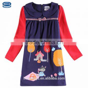 (H6398) navy2015 nova new arrival design 100% cotton cute printed pattern embroidered trees girl dress for autumn winter