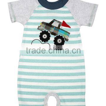 Online Sell Turquoise Stripe Truck Kid Romper Short Sleeve Baby Jumpsuits Infant Clothing RR80817-7