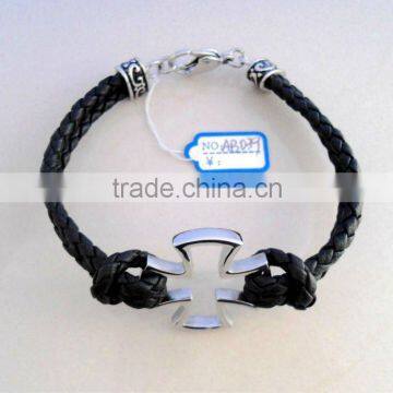 2012 new cross bracelet,cross leather bracelet, genuine leather cross bracelet with steel clasp AB039