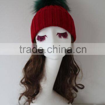 Top Grass Green Raccoon Fur Pompom Beanie Knit Rib Red Hat Huge Fur Ball Knitted Wool Acrylic Cap