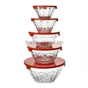 Embossed 5 Pcs Glass Salad Bowl Set Glass Food Container With Plastic Lids