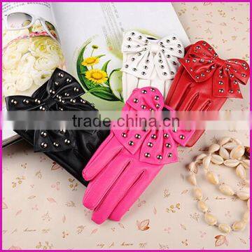 2015 New Arrival Winter Cycling Motorcycle Driving Lady Rivets Bowknot Soft PU Leather Gloves For Women Black Red photo-3
