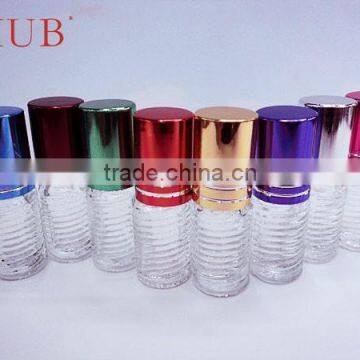 Mini 2ml 3ml Screw thread shaped empty clear glass tube roll on deodorant bottle for perfume with plastic roller ball