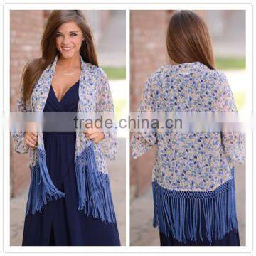 2015 Navy Floral Print Tassels Kimono Cardigan Bohemian kimono for Women LC126