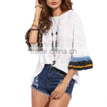 Womens Casual Clothing Summer T Shirt Tops Ladies Fringe Cuff Half Flare Sleeve T-shirt photo-3