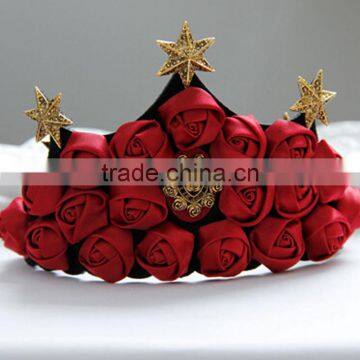 Fabric Red Rose Queen Hairband,star Crown Dancing Hair Hoop,bride Wedding Party Hair Decoration photo-4