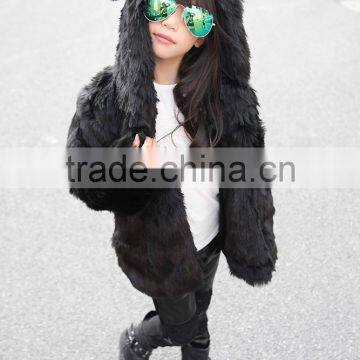Hooded Winter Fur Jacket Girls European Style Fur Coat Autumn Kids Plush Jacket Thick Padded White Black Leopard Rabbit Ear photo-5