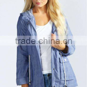 Latest desgin fashion long sleeve ladies Leah Chambray Lightweight Parka Hooded