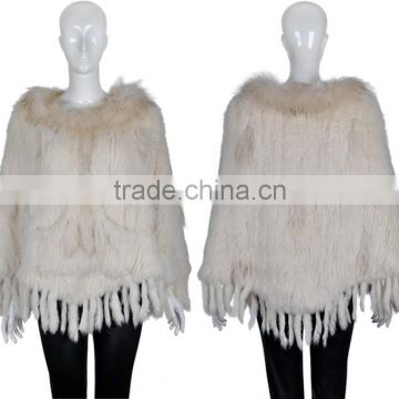 YR946 fashion women genuine knit rabbit fur coat with raccoon fur trim