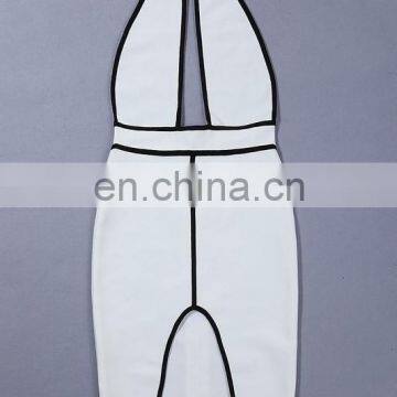 Amigo 2017 New Designer White and Black Halter Dew Chest Midi Sexy High Slit Bandage Dress Evening Dresses for Women Club Wear photo-2