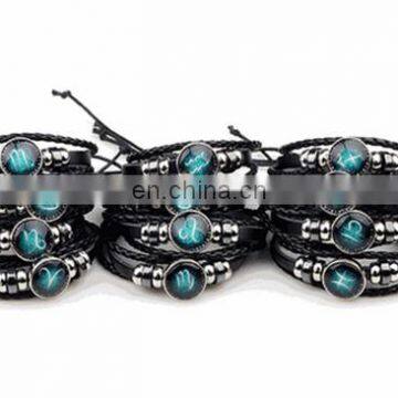 New Trendy Women Men Multilayer Handmade twelve constellations Woven Leather Bracelet With stone