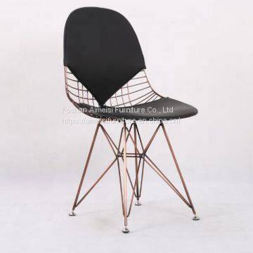 Modern rose gold frame metal mesh leather cushion dining chair