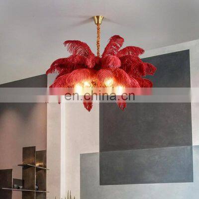 Hot-Selling Decor Chandelier Ostrich Feather Light Copper Colorful Ceiling Lamps Hotel Lobby Lamp