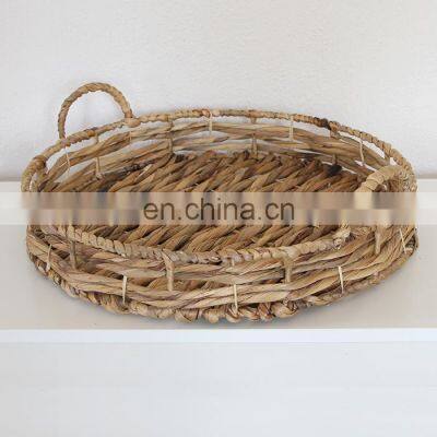 Straw Round Water Hyacinth Woven Tray with Handle And Metal Frame Cheap WHolesale Made in Vietnam