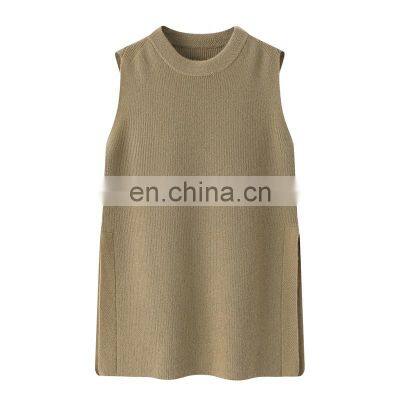 Casual Solid Color Side Split Cashmere Pullover Sleeveless Vest Fashionable Long Woolen Knitted Sweater Embroidered Logo Back