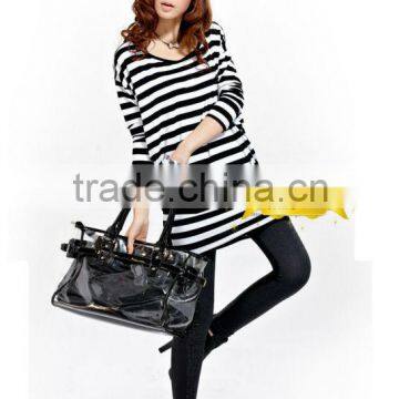 fashionable girl knit fluffy jumper v-neck stripe pullover sweater